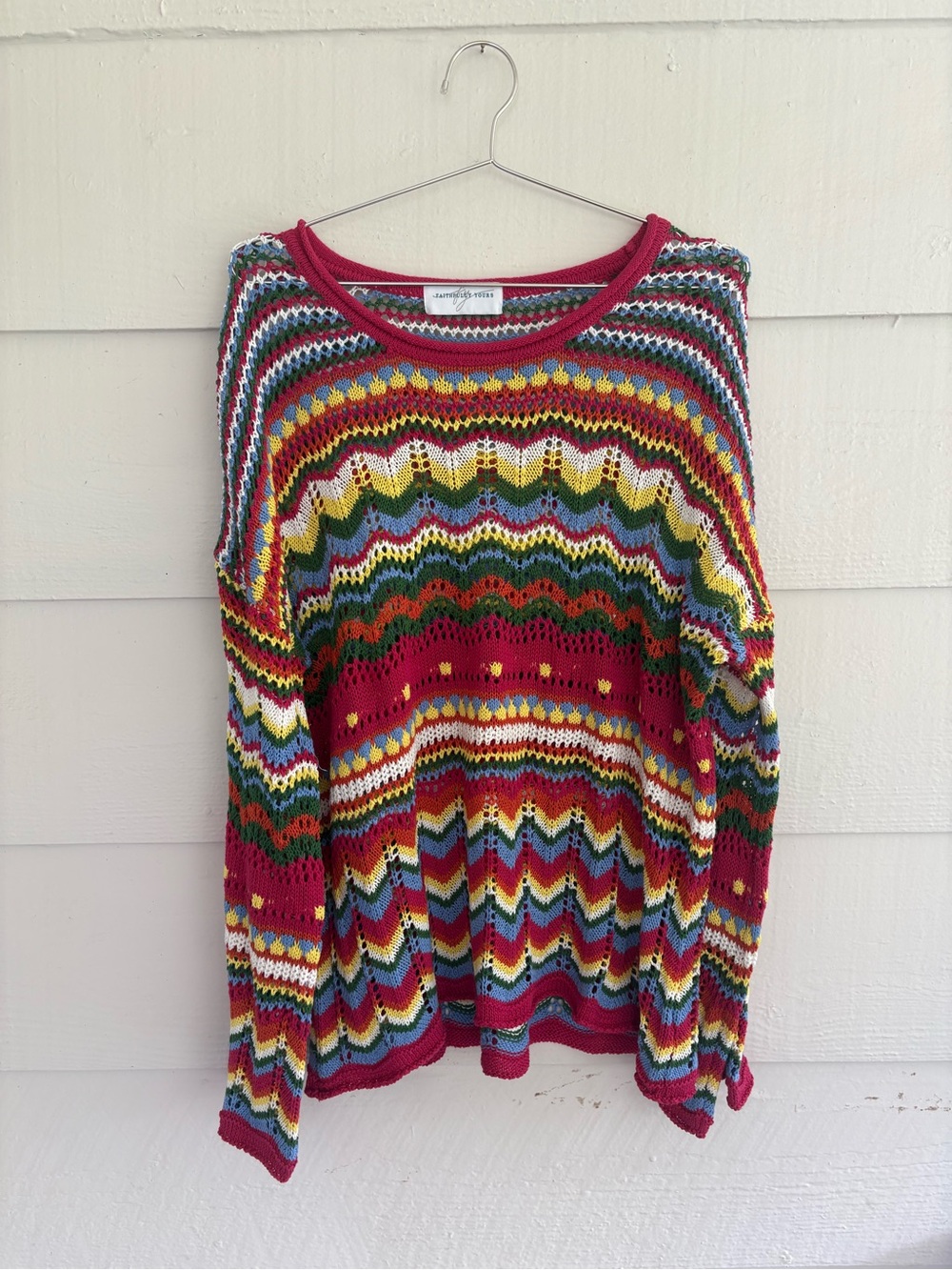Faithfully Yours Rainbow Crochet Knit Sweater XL Boho Oversized Coverup Coastal